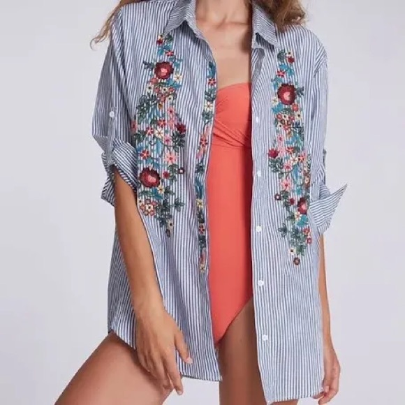 2 FOR $20 Walter Baker Becca Tunic Shirt Floral Embroidered 100% Cotton Top M - Picture 1 of 9